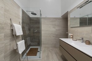 Shower, hair dryer, bidet, towels