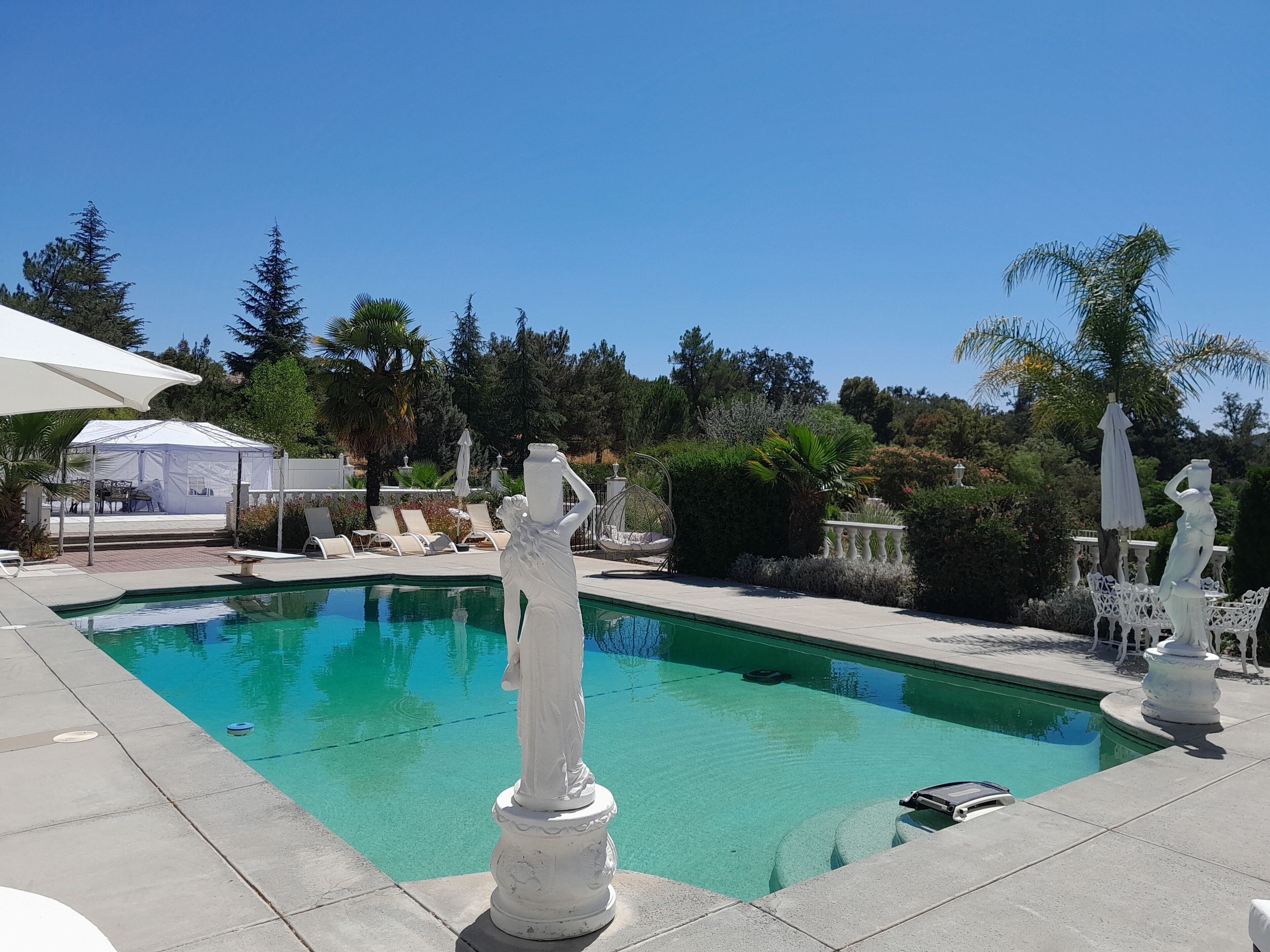Un espace piscine avec une eau d’un bleu limpide, des statues blanches et une tente en arrière-plan.