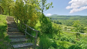 Eine Holztreppe führt einen grasbewachsenen Hügel hinauf, mit Blick auf ein Tal und Berge in der Ferne.