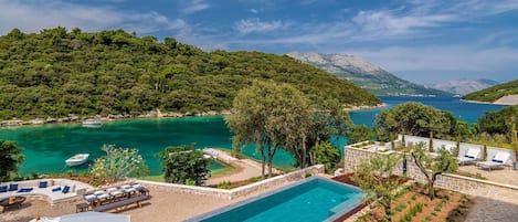 Seasonal outdoor pool, pool umbrellas, pool loungers