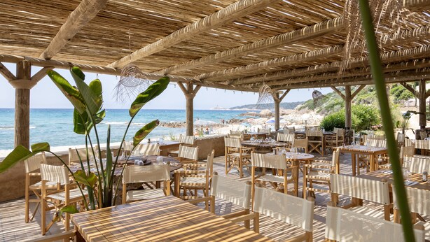 Un espace extérieur aménagé pour les repas, avec des tables et des chaises, offrant une vue sur une plage et l’océan.
