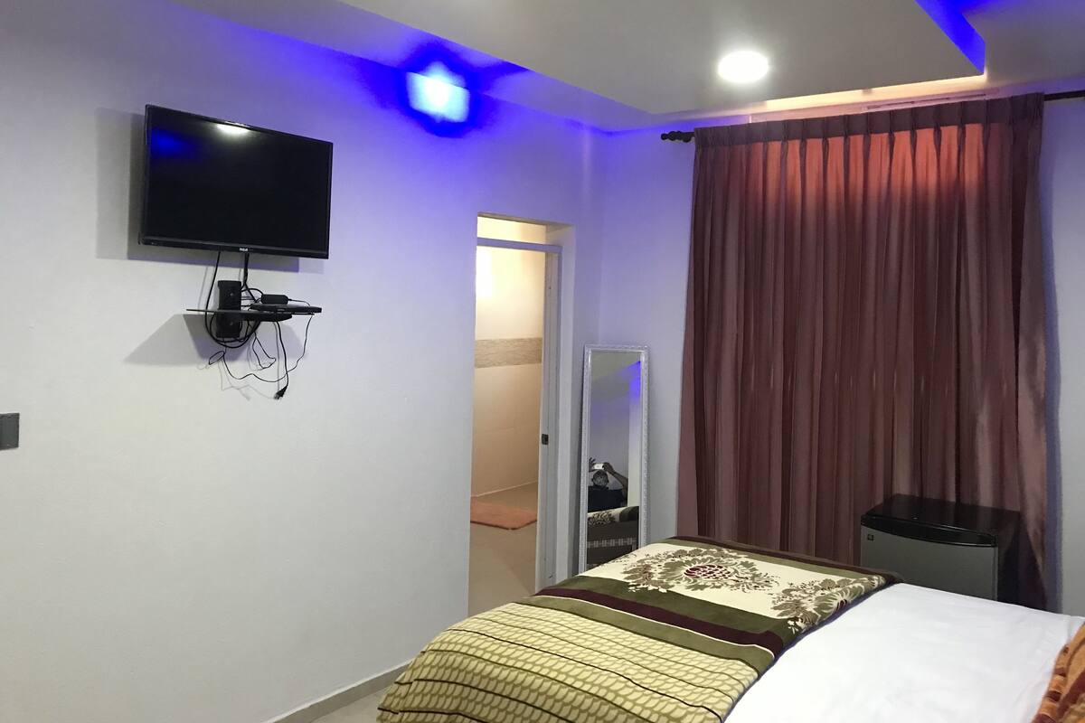 Un dormitorio con cama, televisor de pantalla plana montado en la pared, espejo y lámpara del techo.