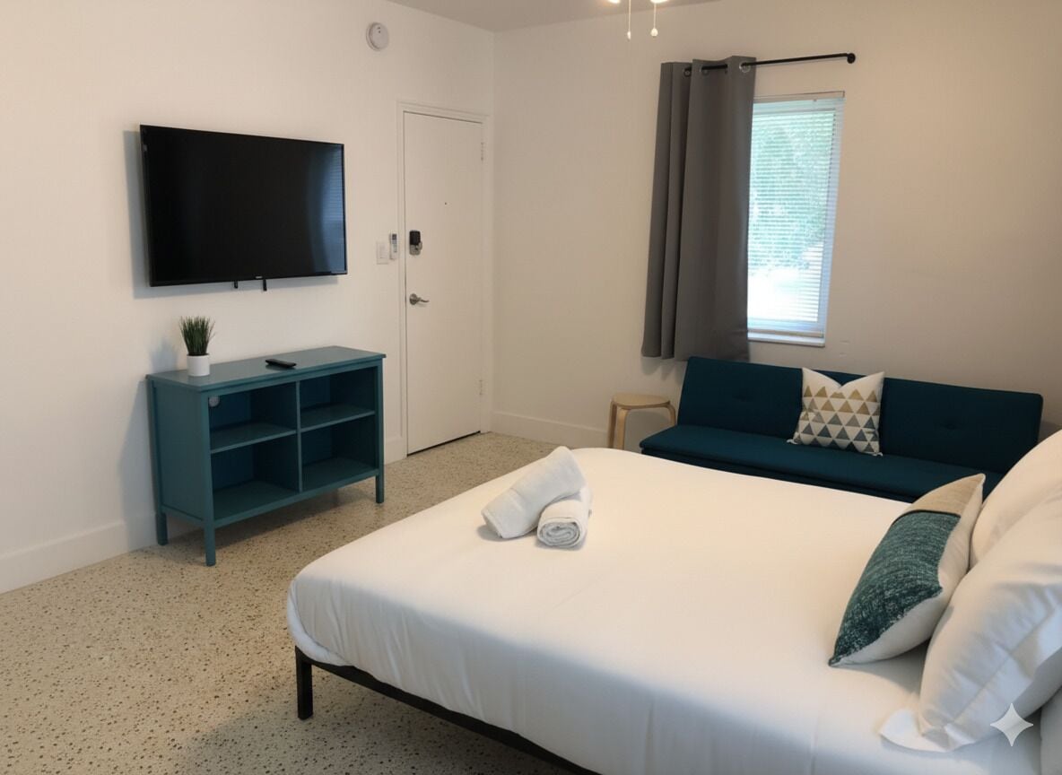 A bedroom with a bed, a TV, a small shelf, a sofa, and a window with curtains.