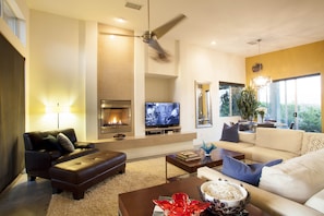 Smart TV, fireplace, DVD player, books