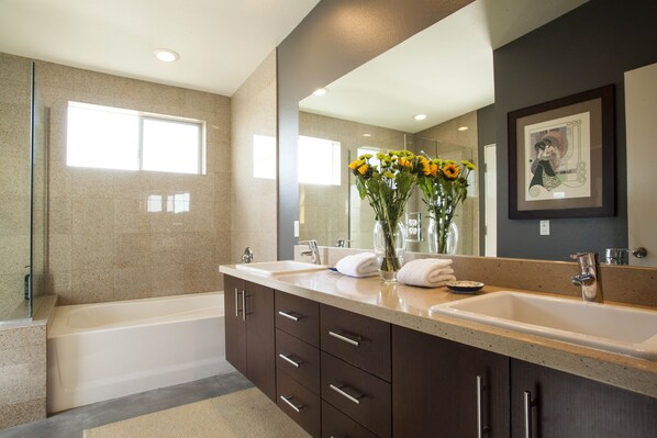 Bathtub, hair dryer, towels, soap