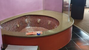 A circular hot tub with a mosaic interior, surrounded by a curved wall, in a room with a tiled floor and a large mirror. - Hotel Valle del Sur (Mexico City)