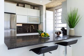 Fridge, microwave, oven, stovetop