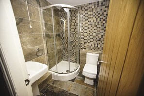 A bathroom with a glass-enclosed shower, a white sink, and a toilet. - The Blue Lion (Corwen)