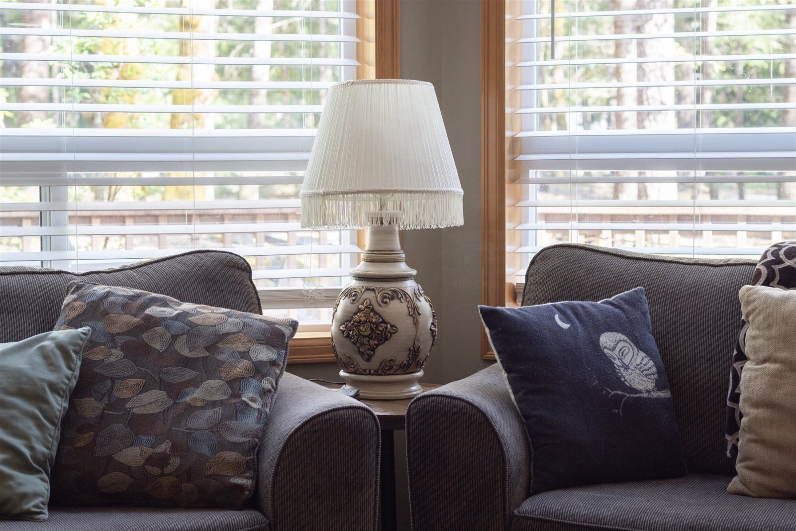 Una habitación con dos sofás, una lámpara decorativa y una ventana con persianas.