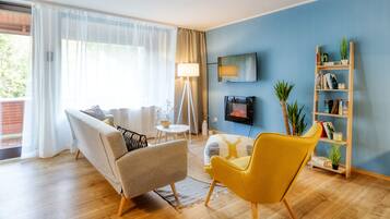 TV, fireplace, books