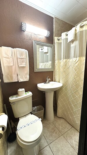 A bathroom with a toilet, sink, and shower curtain. There are towels hanging on the wall and a trash can next to the toilet.