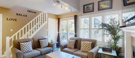 Una televisión, una chimenea, un reproductor de DVD, libros