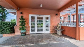 A covered entrance with a glass door, a potted plant, and a stone sculpture.
