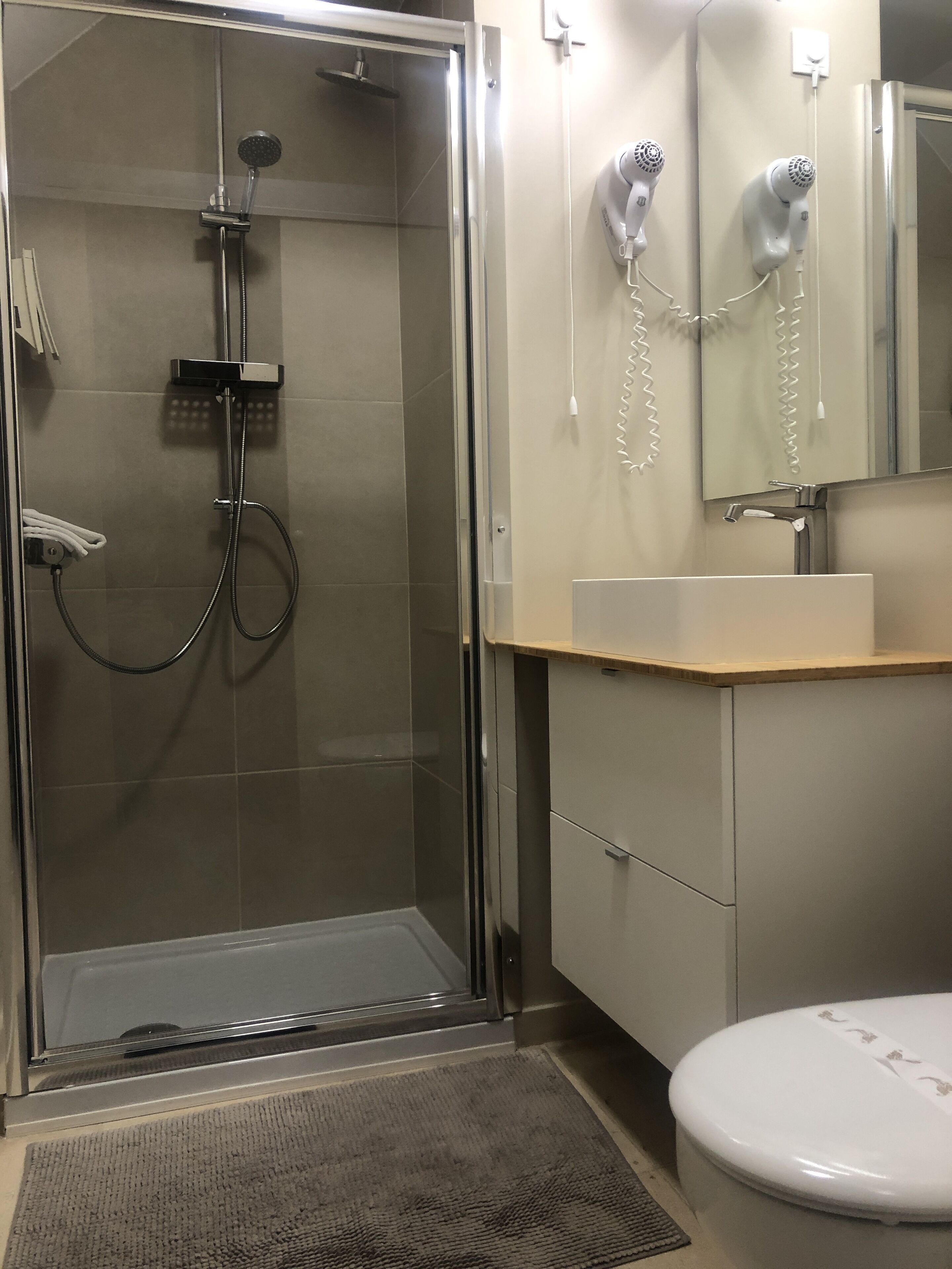 small double room with small shower | bathroom | shower, rainfall showerhead, free toiletries, hair dryer