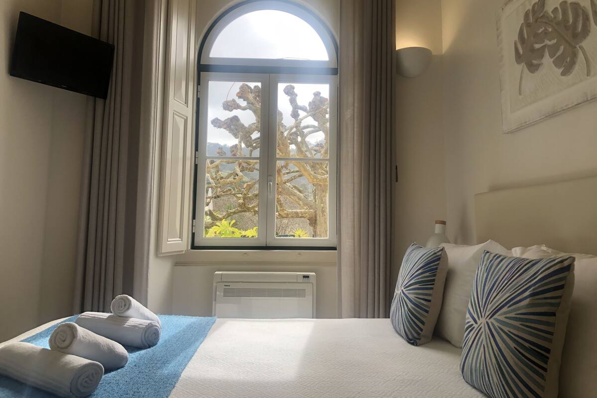 Une chambre d’hôtel avec un lit, une fenêtre avec des rideaux, un téléviseur à écran plat et un radiateur.