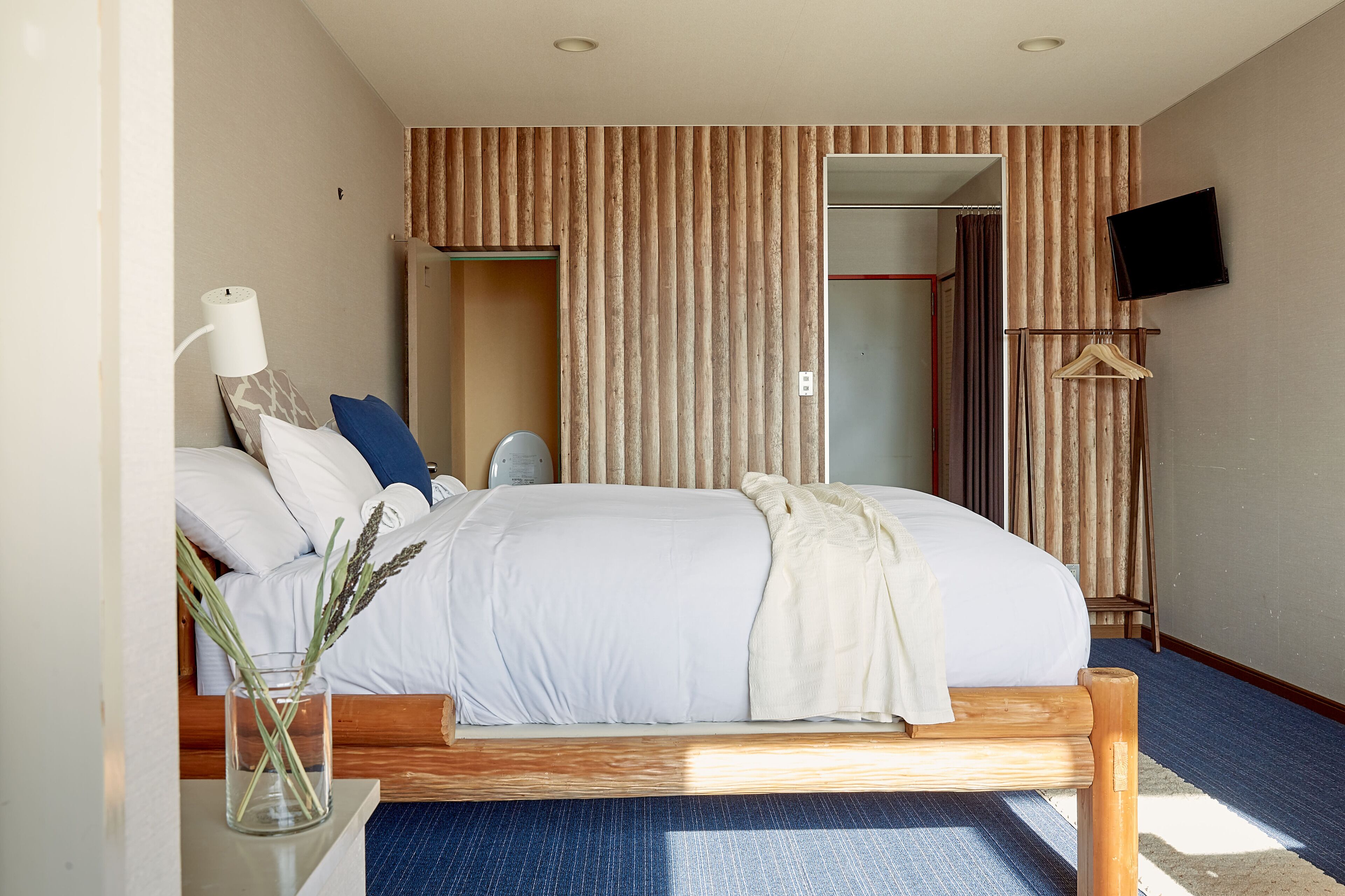 A hotel room with a bed, a bedside table with a lamp, a hanging coat rack, and a television mounted on the wall.