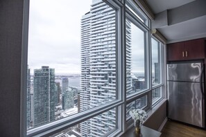 Enjoy a city view from the kitchen window, featuring a large window with a panoramic view of high-rise buildings and a river.