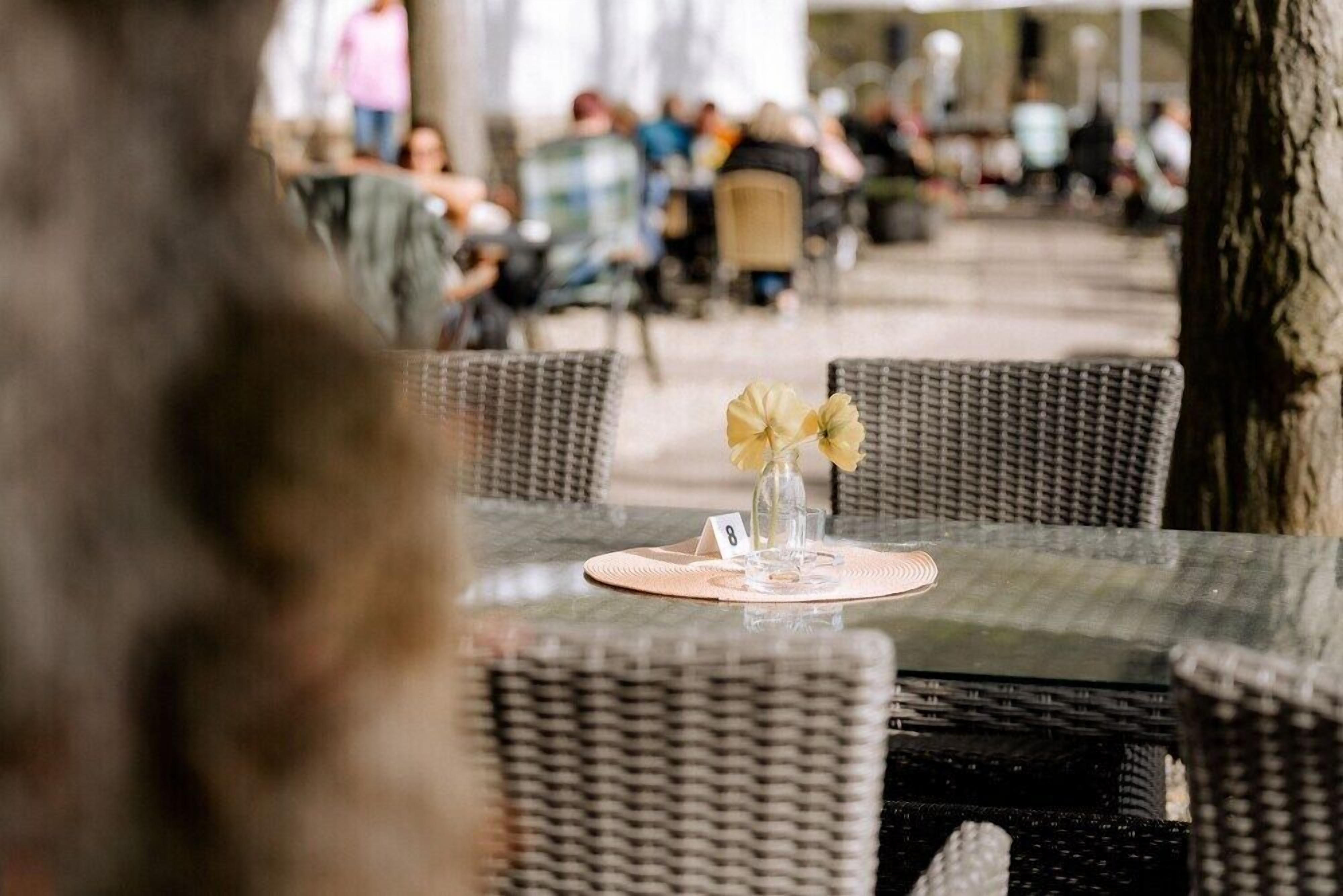 A restaurant with wicker tables and chairs, a glass table surface, and a vase with yellow flowers.