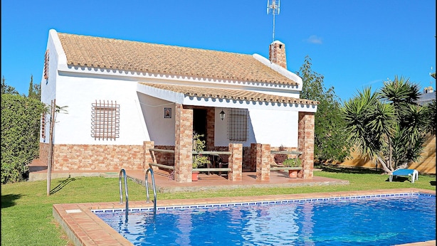 A house with a swimming pool, a covered patio, and a garden with palm trees.