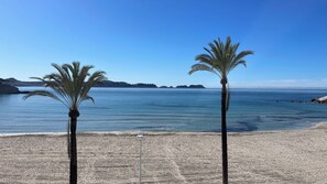 Una playa con dos palmeras, cielo despejado y formas de tierra a lo lejos.