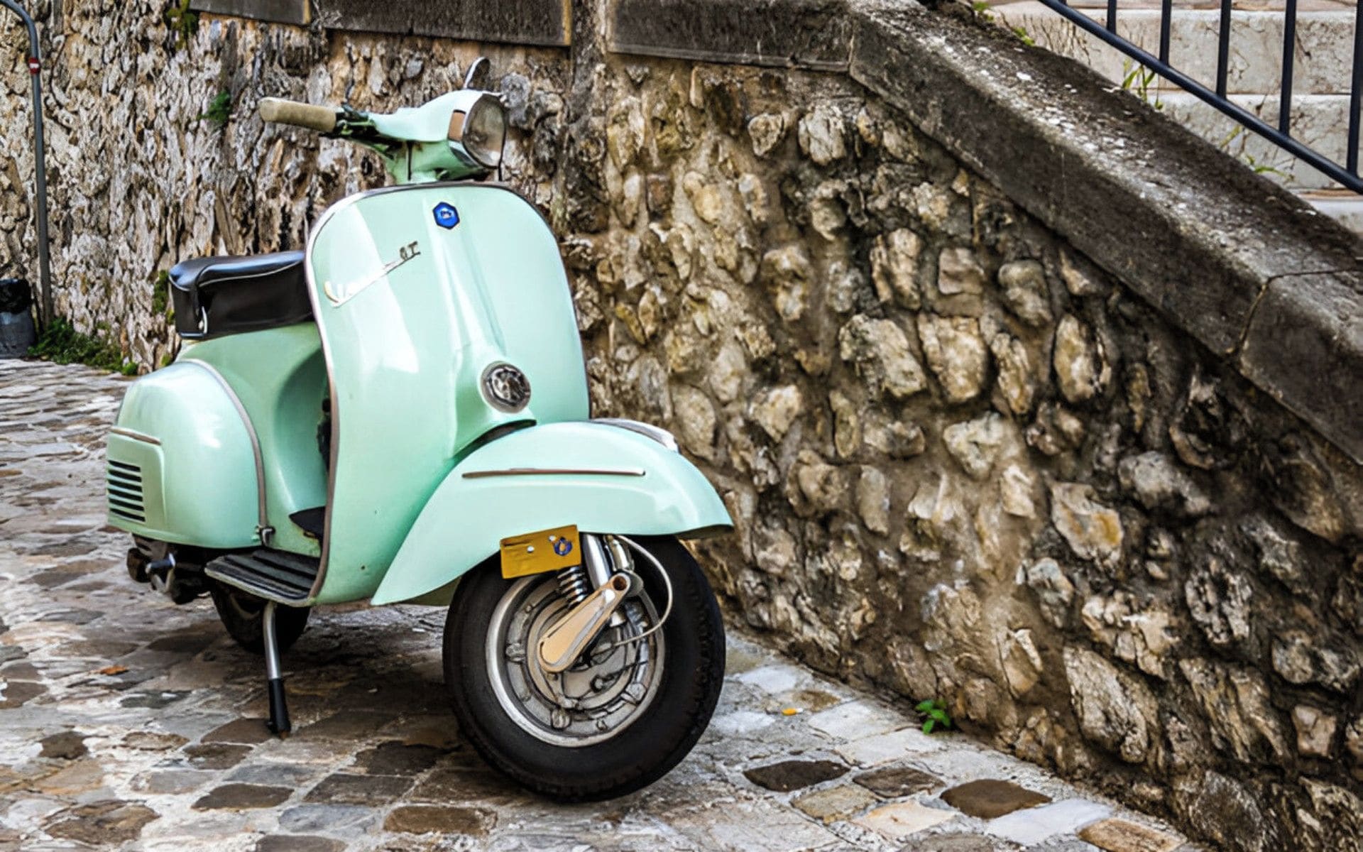A vintage scooter parked on a cobblestone street.