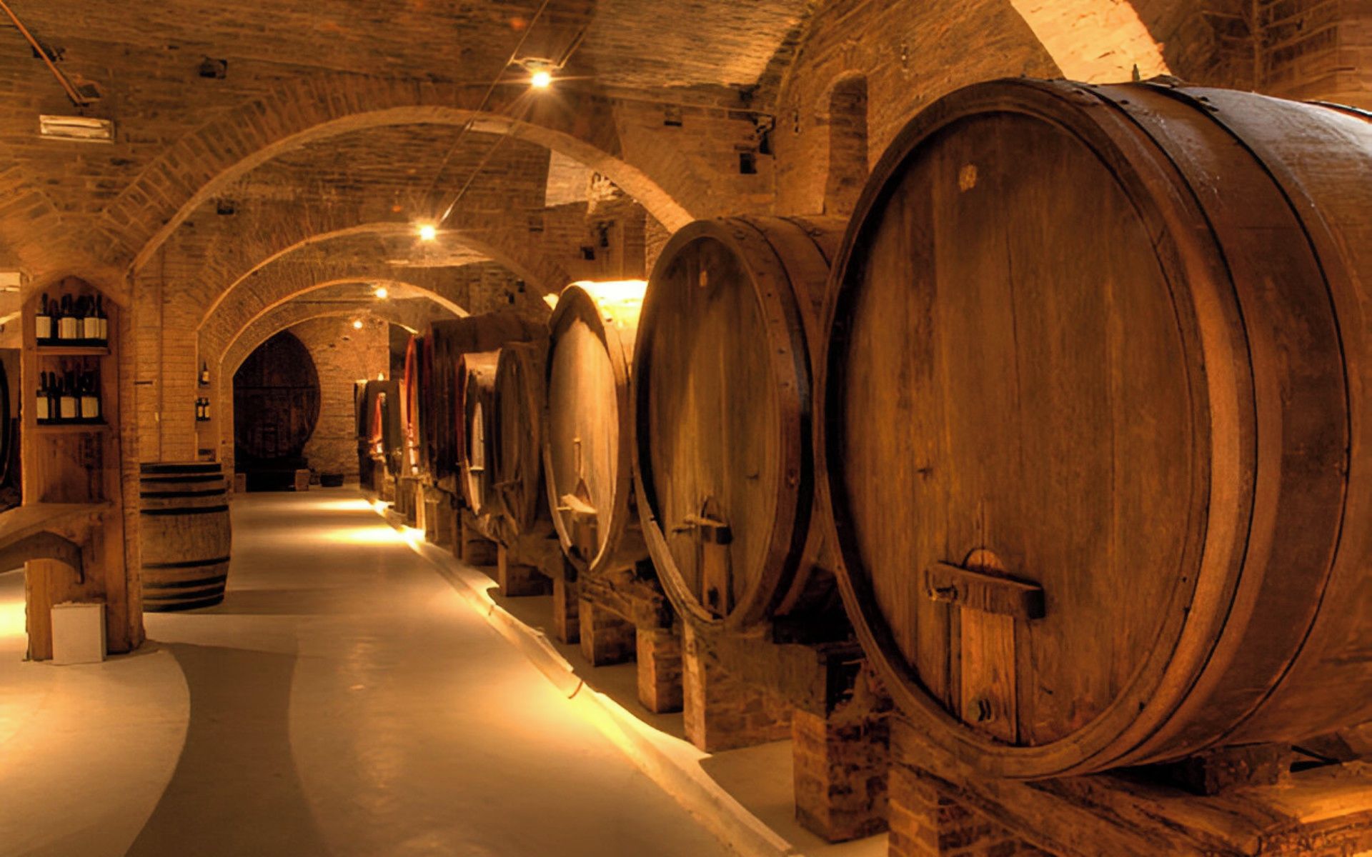 File di botti di legno in una cantina a volta scarsamente illuminata, con pareti in pietra e pavimento in cemento.