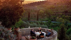 A stone patio with a round table and chairs, surrounded by potted plants, overlooking a scenic landscape with trees and hills. - Palazzo Brandano (Trequanda)