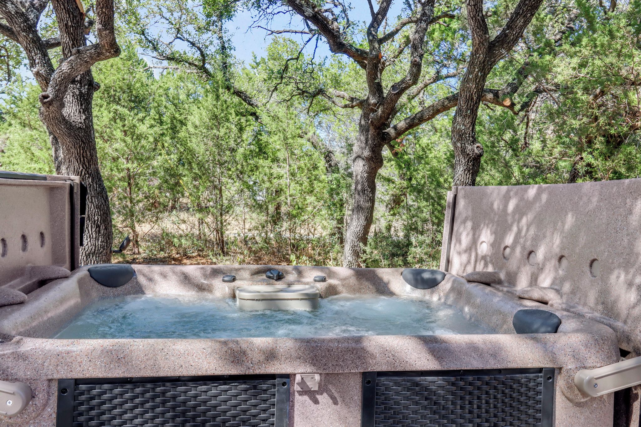 Un bain à remous installé dans un environnement naturel, entouré d’arbres.