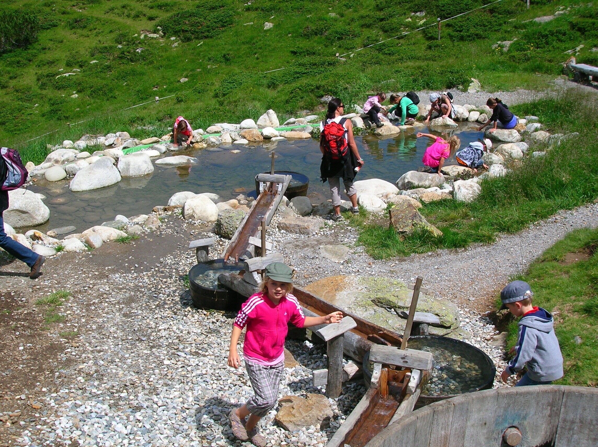 Un grupo de personas en un tobogán de agua en un entorno natural con rocas y follaje.