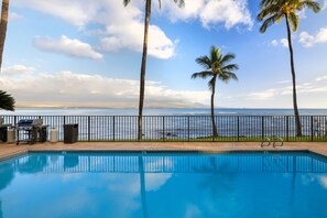 A swimming pool with a view of the ocean and palm trees.