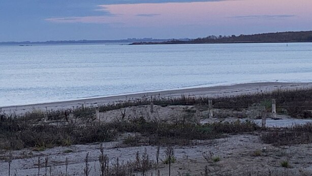 A beach with a calm sea, a visible moon, and a distant shoreline.
