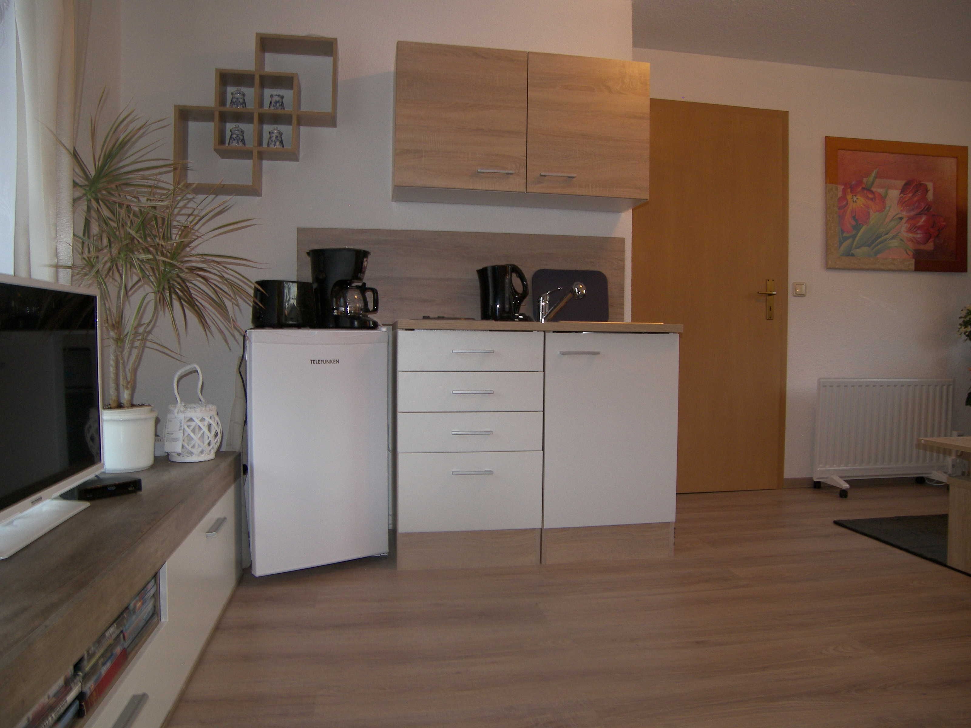A compact kitchen with a white refrigerator, a coffee maker, and a potted plant.