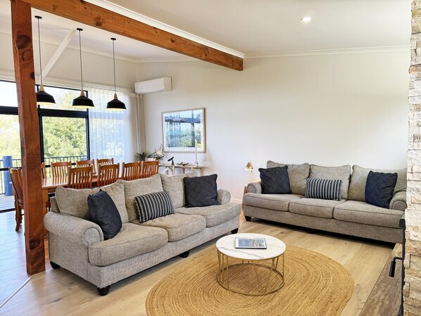 Smart TV, fireplace, DVD player, books