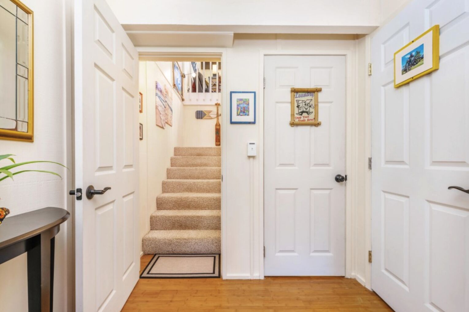 Un couloir avec un escalier recouvert de moquette menant à une porte sur laquelle est apposée une pancarte indiquant « buanderie ».