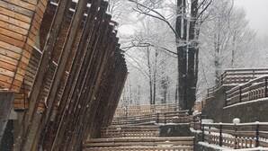 A snow-covered wooden staircase leading up to a building with a wooden railing. - Meshtekna (Brezovicë)