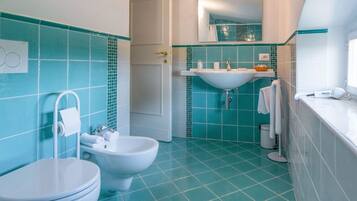 Shower, hair dryer, bidet, towels