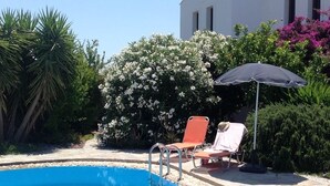 Ein Schwimmbecken mit zwei Liegestühlen und einem Sonnenschirm, umgeben von üppiger Bepflanzung und einem weißen Gebäude.