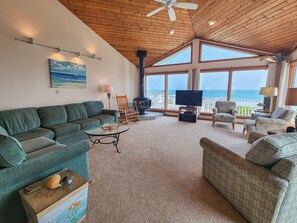 Televisión, chimenea, reproductor de DVD y estéreo 