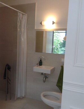 Shower, hair dryer, towels, shampoo