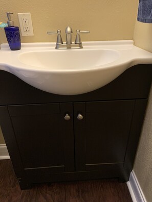 Hair dryer, towels, soap, toilet paper