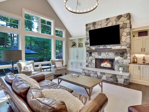 TV, fireplace, DVD player, foosball