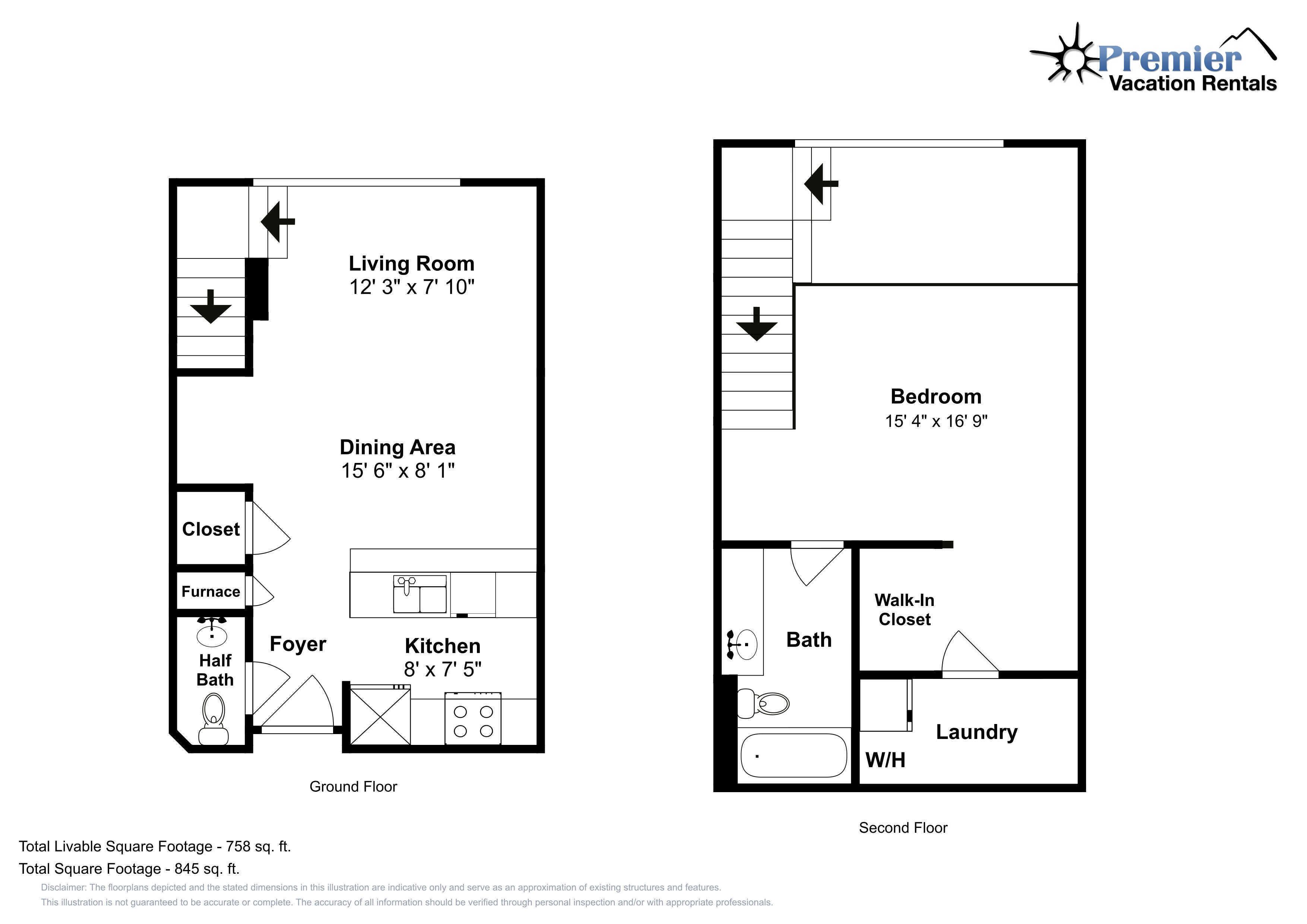 Grundriss einer Ferienwohnung mit Wohnzimmer, Essbereich, Küchenzeile, Abstellraum, Heizungsanlage, Gäste-WC, Schlafzimmer, begehbarem Kleiderschrank, Bad und Waschküche.