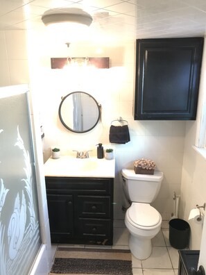 Hair dryer, towels, soap, shampoo