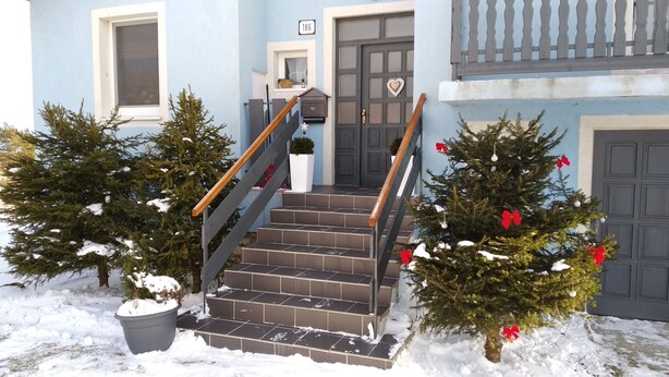 A staircase leading to a door, flanked by two decorated Christmas trees and a snow-covered ground. - Bluebell (Mengusovce)