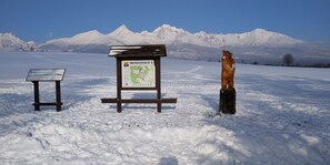 Un paysage enneigé avec un panneau indicateur en bois affichant une carte et du texte.