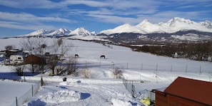 Un paysage enneigé avec une chaîne de montagnes en arrière-plan, un enclos où se trouvent des chevaux et un bâtiment avec un toit rouge.