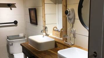 Hair dryer, towels, soap, toilet paper