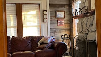 Smart TV, fireplace, books