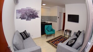 Un salon avec un canapé gris, un fauteuil turquoise et un téléviseur à écran plat fixé au mur.