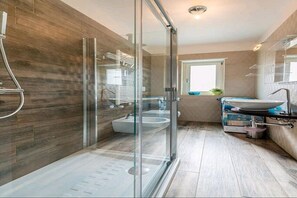 Shower, hair dryer, bidet, towels